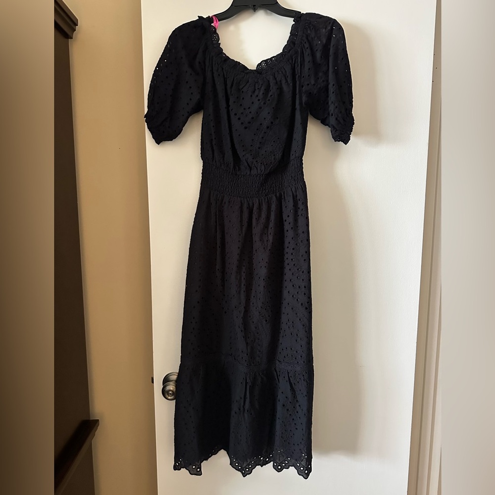 Betsey Johnson Black Eyelet Cotton Off The Shoulder Midi Dress